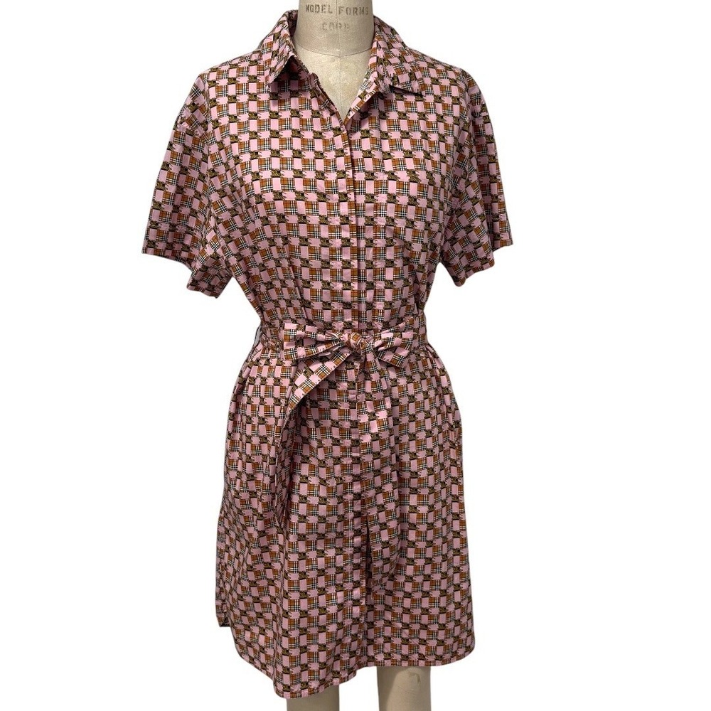 Burberry Shirt Dress Womens 14 Pink Short Sleeve Belted Tiled Archive Print - Picture 5 of 14
